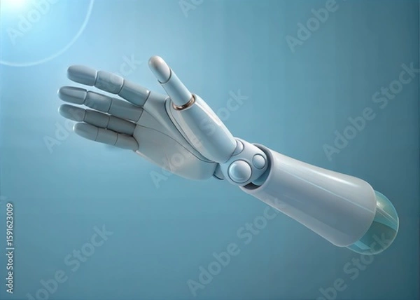 Fototapeta Futuristic robotic arm extending upwards on a gradient blue background illustration