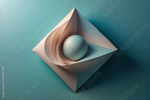 Fototapeta Elegant geometric 3d abstract composition with a sphere nested in layered paper forms.