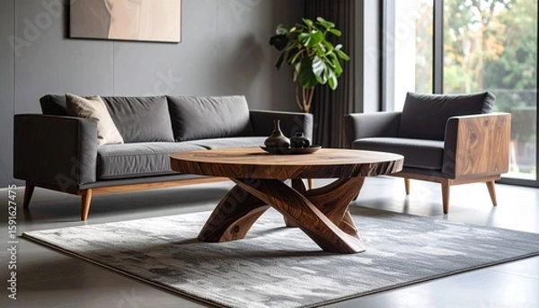 Fototapeta Sculpted wooden coffee table with twisted base over slate rug, surrounded by tonal walls and minimalist accents