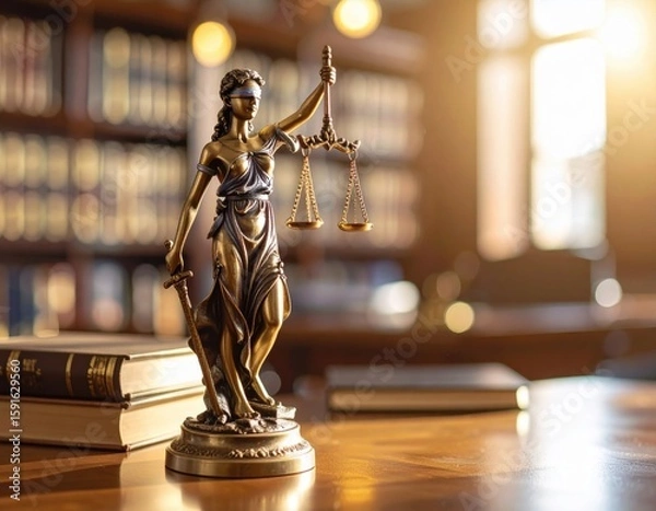 Fototapeta Lady Justice statue on wooden table with books in library, concept of law and fairness