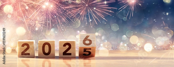 Fototapeta 2026 New Year Celebration - Wooden Number Blocks And Fireworks At Eve Night With Abstract Defocused Lights