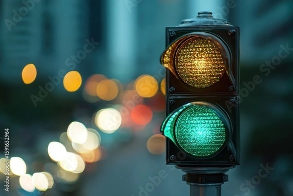Fototapeta Illuminated traffic signal, green light, blurred city