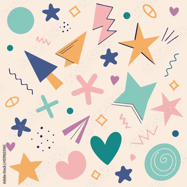 Fototapeta Playful arrangement of pastel shapes and doodle elements creating a repeating decorative surface design