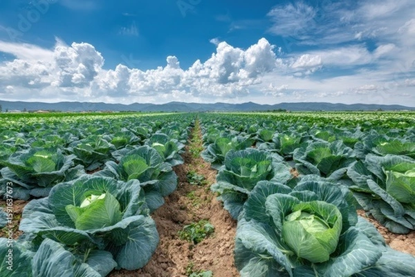 Obraz Cabbage field stretching, farm in background. Agriculture concept image