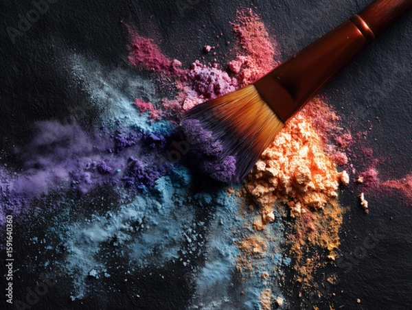 Fototapeta Makeup brush sweeps colorful powder across a textured surface. Abstract cosmetic design for beauty blogs, skincare marketing, or editorial use.