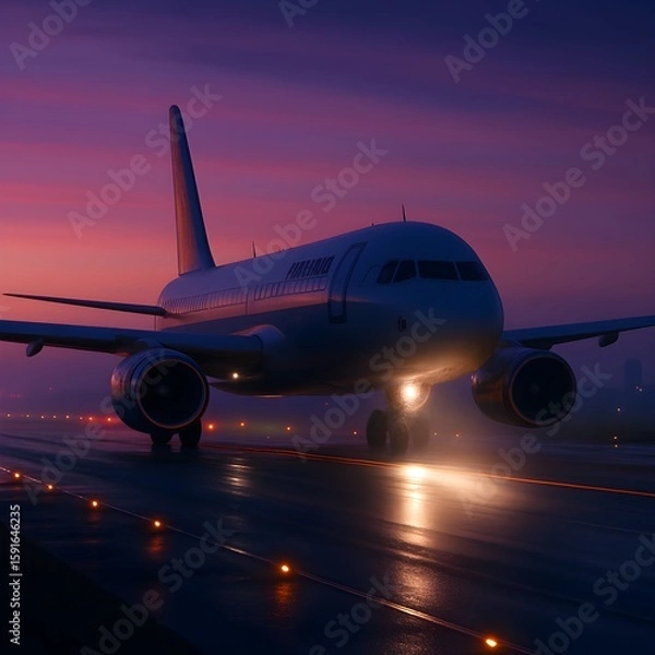 Fototapeta Airplane on Runway at Dusk A Serene Evening Departure Under a Colorful Sky