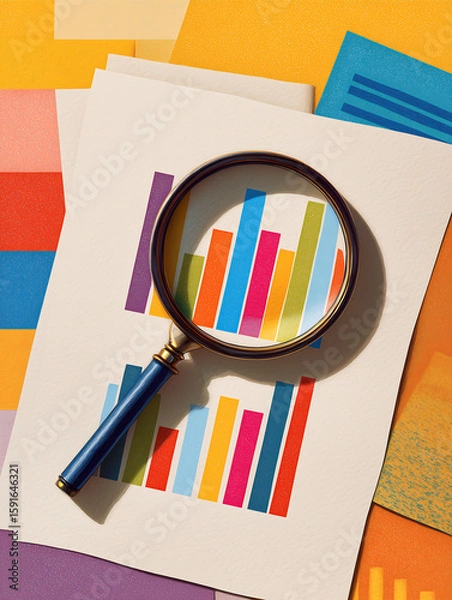 Fototapeta Magnifying glass on colorful statistics graph