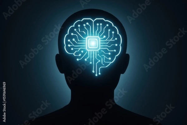 Fototapeta Conceptual visualization presents artificial intelligence with a brain-shaped circuit, symbolizing futuristic technology and machine learning
