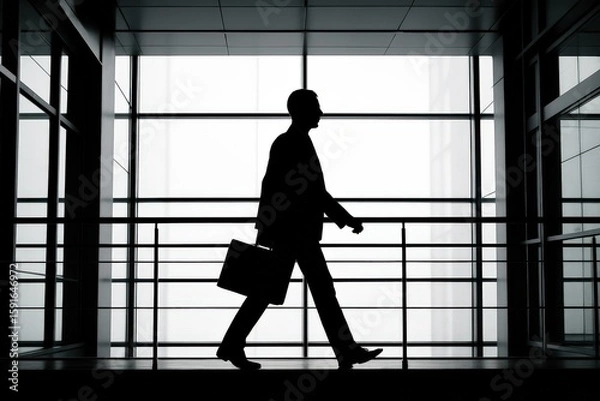 Fototapeta Silhouette of a confident businessman walking with a briefcase against a modern office building background.