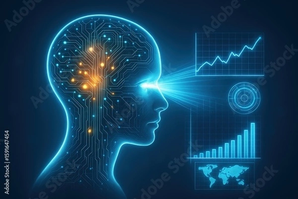 Fototapeta Artificial intelligence concept features a digital human head with glowing circuits and data visualization, showcasing the future of technology