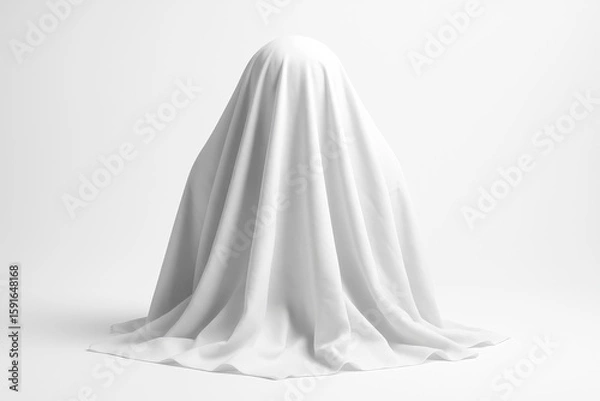 Fototapeta Mysterious object under a white fabric, creating an interesting concept on a neutral background, a classic still life with drapery and form.