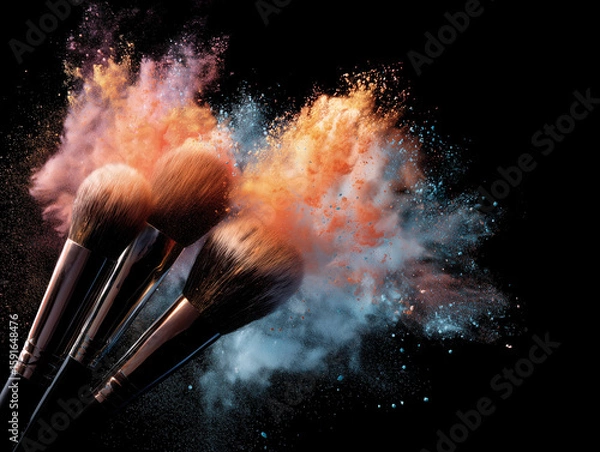 Fototapeta Makeup brushes explode with color powder on black. Captures beauty, cosmetics concept. Use for web, marketing.
