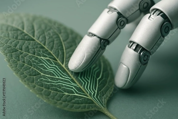 Fototapeta Robot hand gently touches a green leaf with circuit patterns, reflecting technology's harmony with nature and bioengineering advances.
