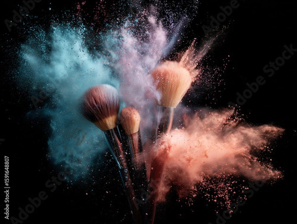 Fototapeta Makeup brushes burst with colorful powder on black background. Cosmetics explode. Use for beauty, design, product marketing, web, editorial.
