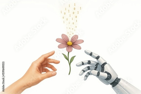 Fototapeta Artificial intelligence and human touch converge creating a beautiful flower, powered by technology with hands reaching