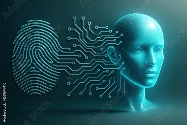 Fototapeta Glowing digital fingerprint merges with a human head representing secure AI and biometric authentication systems of future technology.