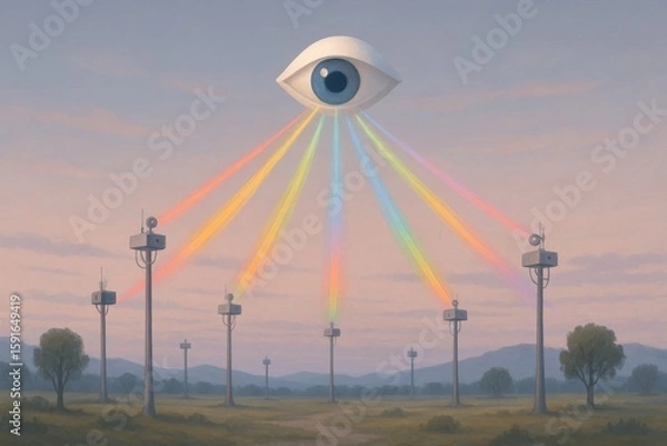 Fototapeta Surreal vision presents a watchful eye beaming vibrant rainbow rays onto antenna towers across a pastel landscape.