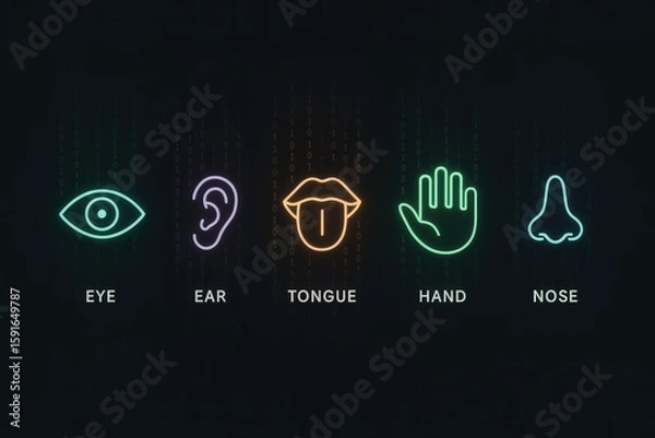 Fototapeta Depiction of the five senses with vibrant icons against a dark backdrop showcasing vision, hearing, taste, touch, and smell.