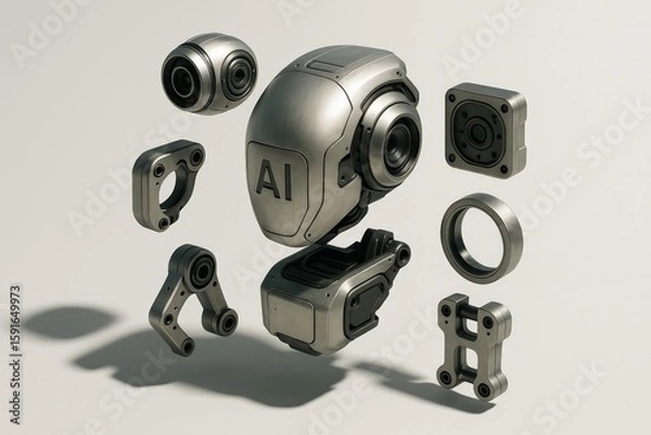 Fototapeta Sci-fi robot head components showcases artificial intelligence, machine learning, and technological advancements in robotics
