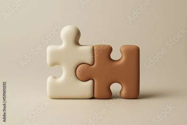 Fototapeta Two connected jigsaw puzzle pieces symbolizing teamwork, partnership, solution and connection against a neutral backdrop.