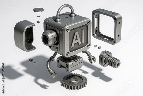 Fototapeta Futuristic robot parts demonstrate artificial intelligence engineering on a clean white background, a concept for future technology.