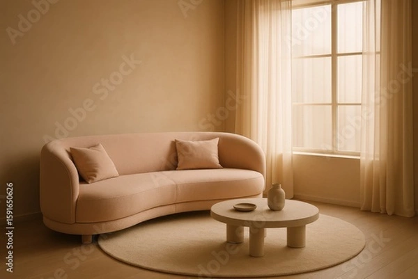 Fototapeta Harmonious interior with peach sofa, round rug, and coffee table creating a calm living space with soft, natural light.