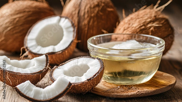 Obraz Coconut Oil and Fresh Coconuts on Wooden Surface Still Life