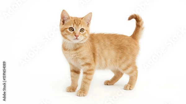 Fototapeta Kitten's playful orange wave of pawsome fun against a white backdrop. Suitable for pet-related designs, virtual backgrounds, and social media posts.