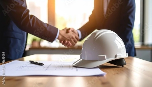 Fototapeta A business agreement in construction industry concept showing trust, partnership, urban development, and infrastructure collaboration at sunrise