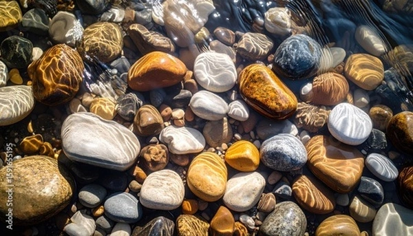 Fototapeta Colorful riverbed stones illuminated by sunlight underwater ideal for concepts like natural serenity, geological wonder, tranquility, or mindfulness background