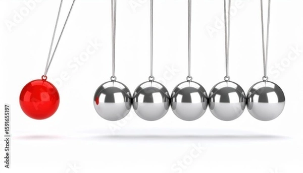 Fototapeta Conceptual red and silver Newton’s cradle in motion representing chain reaction, innovation momentum, or energy efficiency in science, leadership or teamwork themes