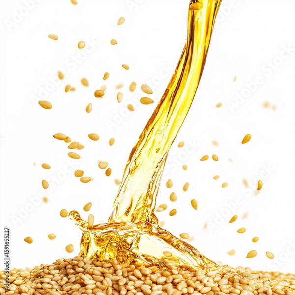 Obraz Sesame Oil Splash on Seeds Isolated on White Background