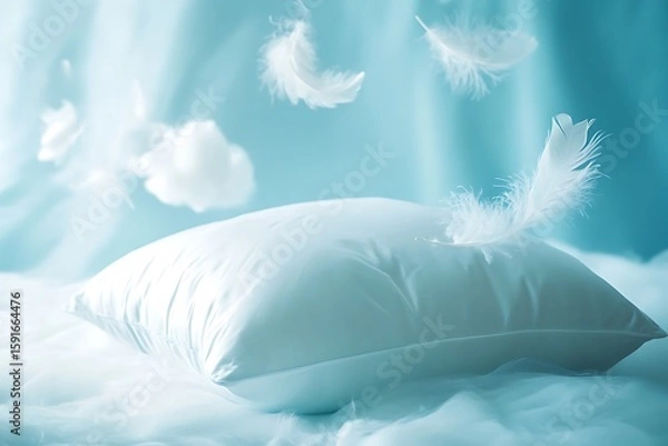 Fototapeta Ethereal White Pillow with Floating Feathers against Soft Blue Backdrop, Dreamy Peaceful