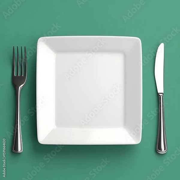 Fototapeta Square White Plate, Stainless Steel Fork, and Knife on a Green Surface Backdrop