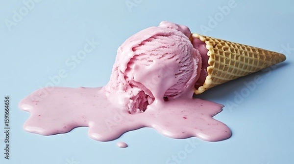 Fototapeta Strawberry Ice Cream Cone Melted on a Light Blue Background in Soft Studio Lighting
