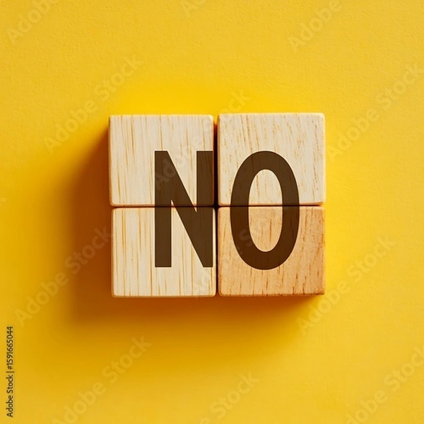 Fototapeta Wooden Blocks Spelling No on a Bright Yellow Background, Business Decisions, Negation