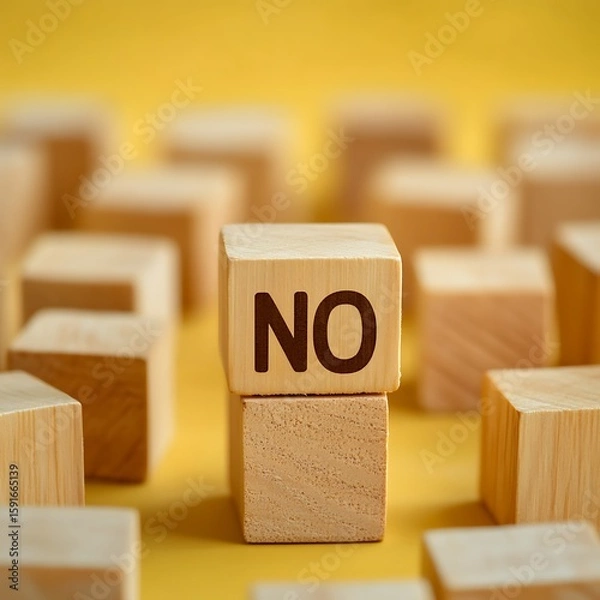 Fototapeta Wooden Building Blocks Spelling No on a Yellow Background, Negation Concept