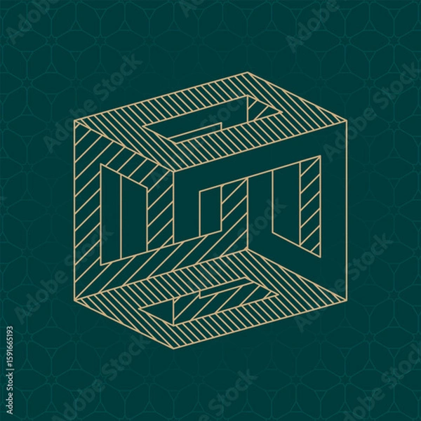 Fototapeta Inverted Irrational Cube Technical Draw Style Impossible Geometric Figure - Gold Isometric Object on Cube Pattern Wallpaper Background - Outline Graphic Design
