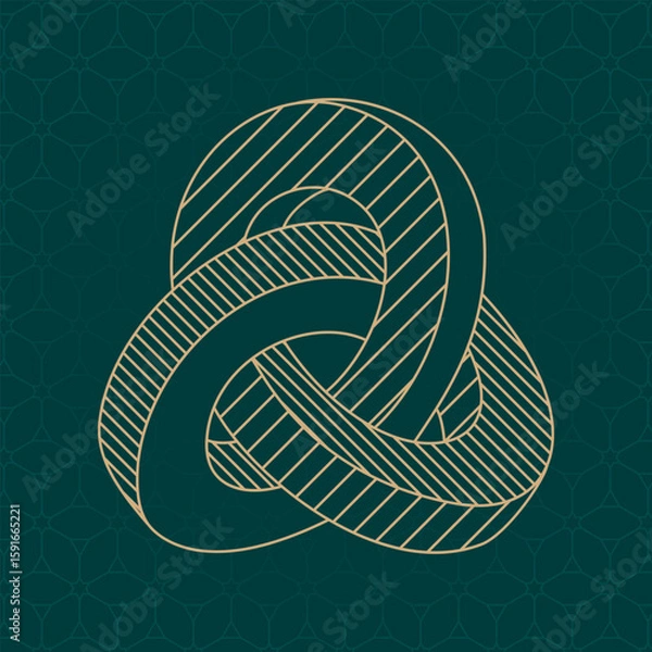 Fototapeta Inverted Impossible Geometric Figure Triple Mobius Loop Technical Draw Style - Gold Isometric Object on Cube Pattern Wallpaper Background - Outline Graphic Design
