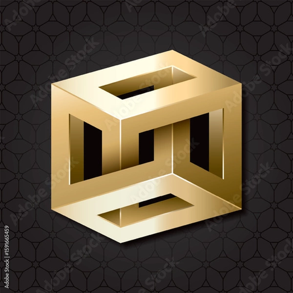 Fototapeta Irrational Cube Glossy Gold Style Impossible Geometric Figure - Golden Isometric Object on Repeating Cube Pattern Wallpaper Background - Outline Graphic Design