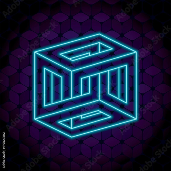 Fototapeta Irrational Cube Glowing Neon Sign Style Impossible Geometric Figure - Blue Isometric Object on Repeating Cube Pattern Wallpaper Background - Outline Graphic Design