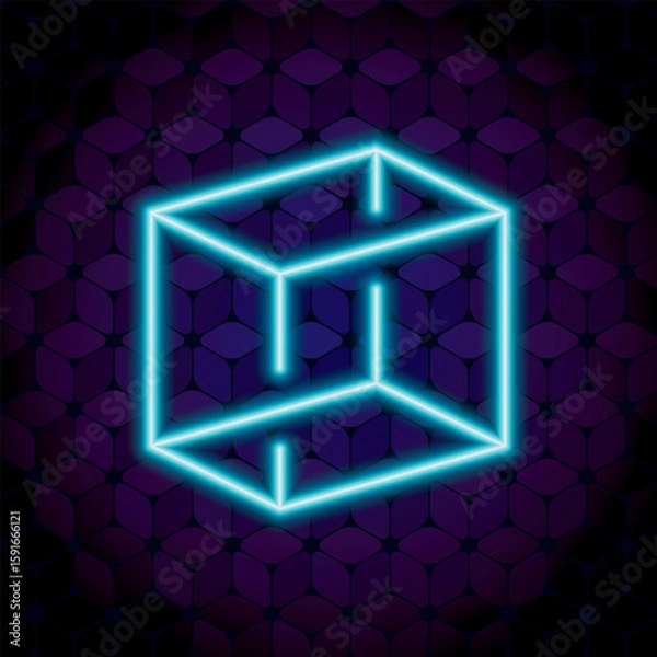 Fototapeta Irrational Cube One Line Facet Glowing Neon Sign Style Impossible Geometric Figure - Blue Isometric Object on Repeating Cube Pattern Wallpaper Background - Outline Graphic Design