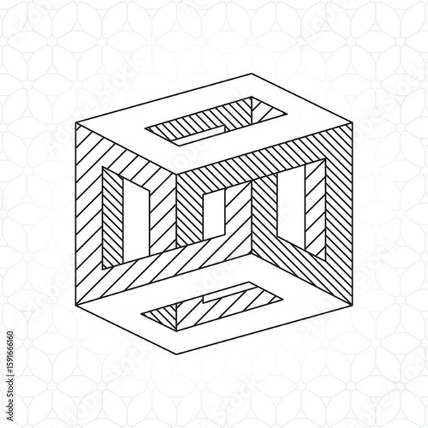 Fototapeta Irrational Cube Technical Draw Style Impossible Geometric Figure - Black Isometric Object on Repeating Cube Pattern Wallpaper Background - Vector Outline Graphic Design