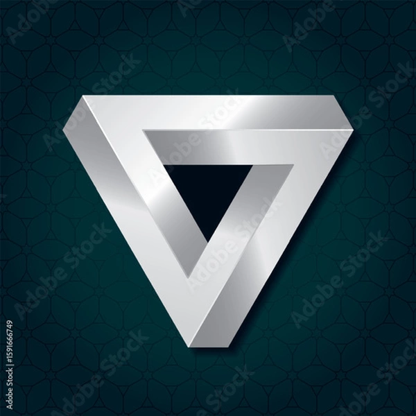 Fototapeta Mobius Triangle Loop Silver Metallic Style Impossible Geometric Figure - Chrome Isometric Object on Repeating Cube Pattern Wallpaper Background - Outline Graphic Design