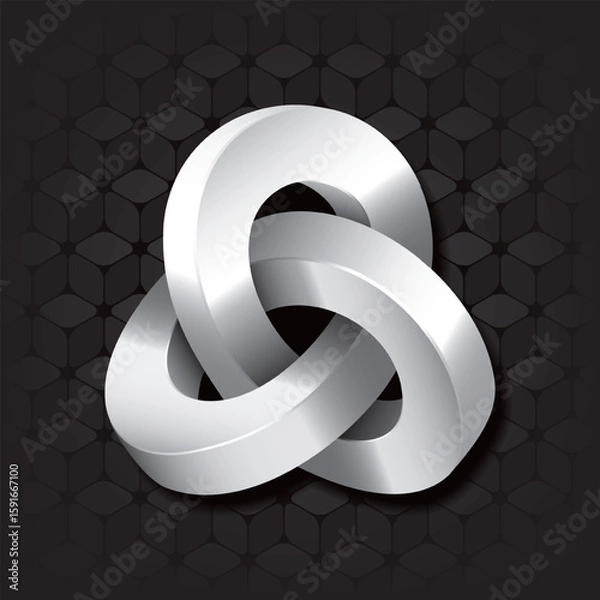 Fototapeta Triple Mobius Loop Impossible Geometric Figure Icon In Front of Repeating Cube Pattern Wallpaper - Glossy Grayscale Elements on Black Background - Gradient and Flat Graphic Style
