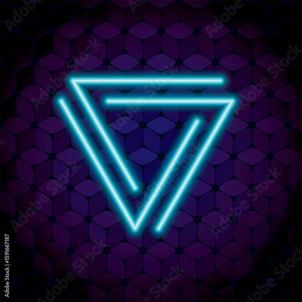 Fototapeta Mobius Triangle Loop Two Lines Facet Neon Sign Style Impossible Geometric Figure - Blue Isometric Object on Repeating Cube Pattern Wallpaper Background - Outline Graphic Design