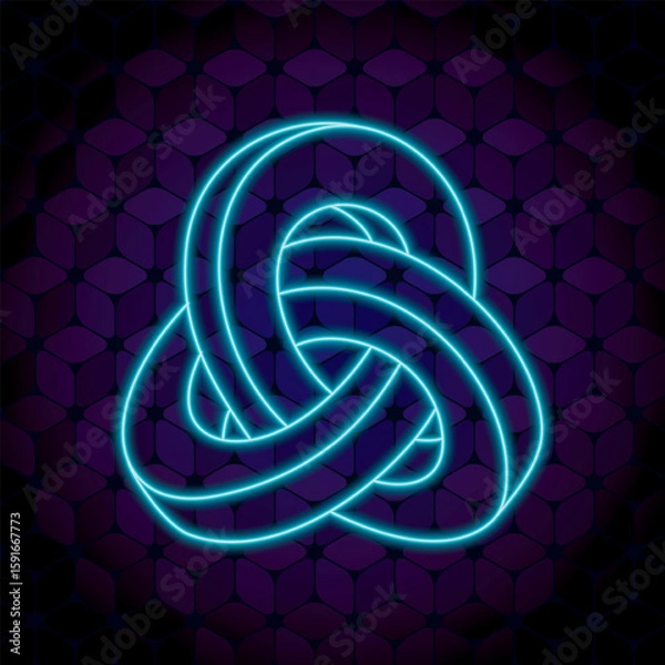 Fototapeta Triple Mobius Loop Impossible Geometric Figure Neon Sign Style Icon In Front of Repeating Cube Pattern Wallpaper - Turquoise on Blue Background - Gradient and Flat Graphic Design