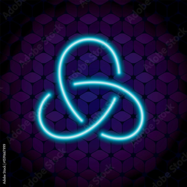 Fototapeta Triple Mobius Loop Impossible Geometric Figure One Line Neon Sign Style Icon In Front of Repeating Cube Pattern Wallpaper - Turquoise on Blue Background - Gradient and Flat Graphic Design