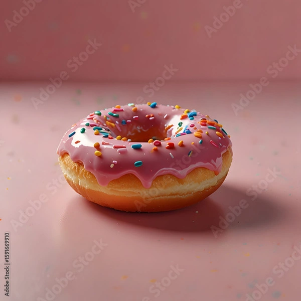 Fototapeta Pink Frosted Donut with Sprinkles on Pastel Background