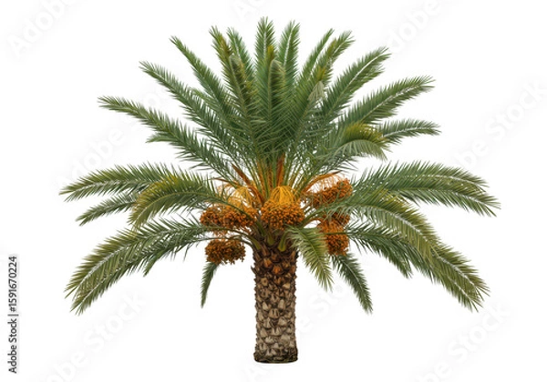 Fototapeta A mature date palm tree laden with clusters of ripe orange fruit displays its characteristic green fronds against a plain transparent background